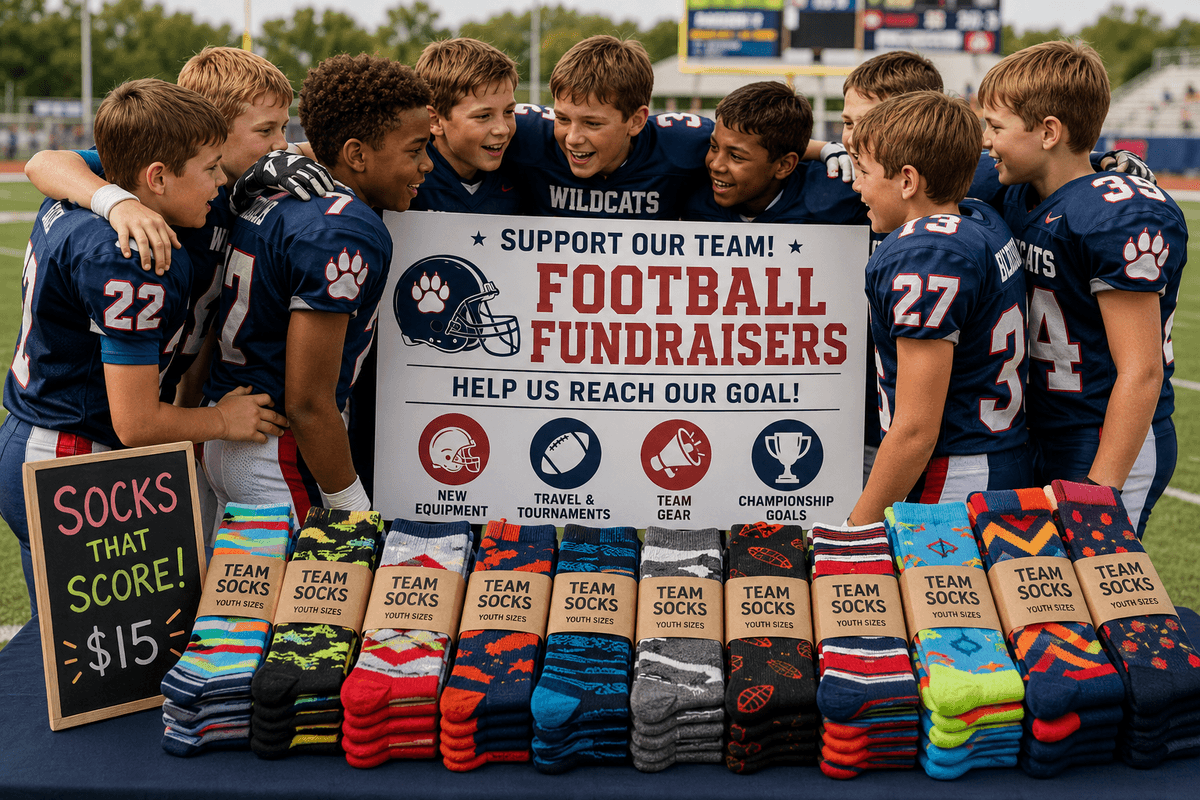 Youth football team huddle with fundraising sign — football fundraisers to raise money with stack of colorful socks in foreground