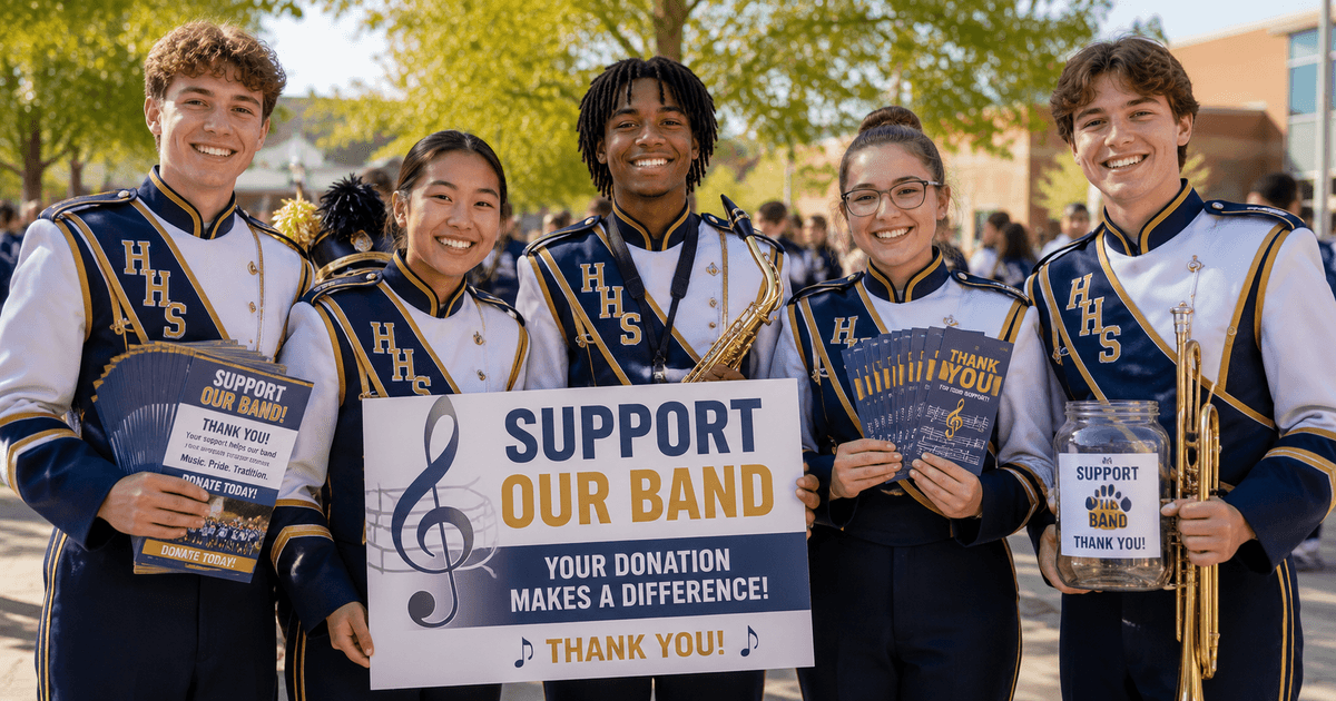 High school band members in uniform holding fundraising for bands materials outdoors