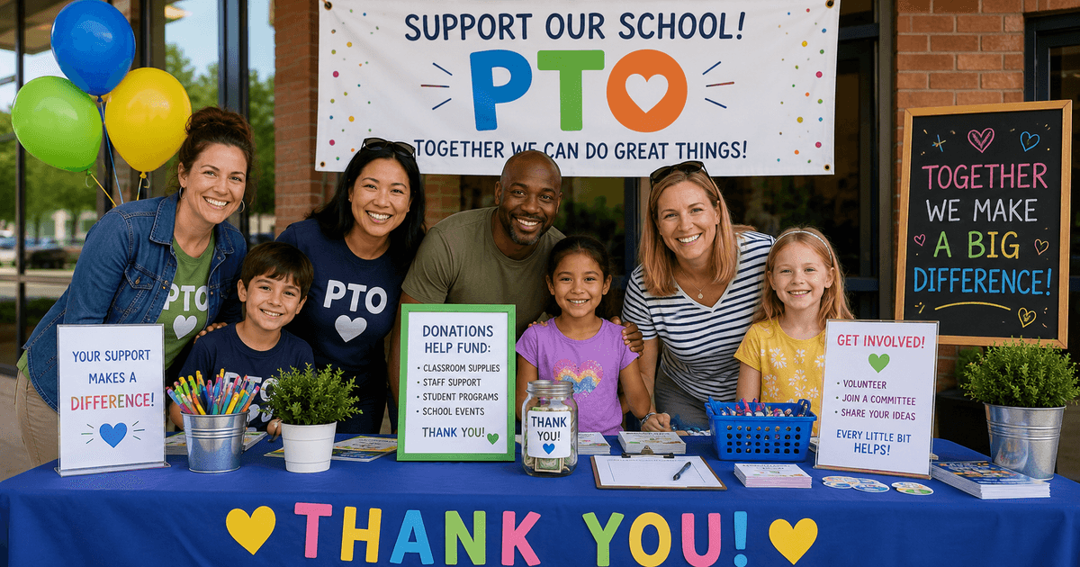 Parents and kids exploring PTO fundraising ideas at a colorful school fundraiser table