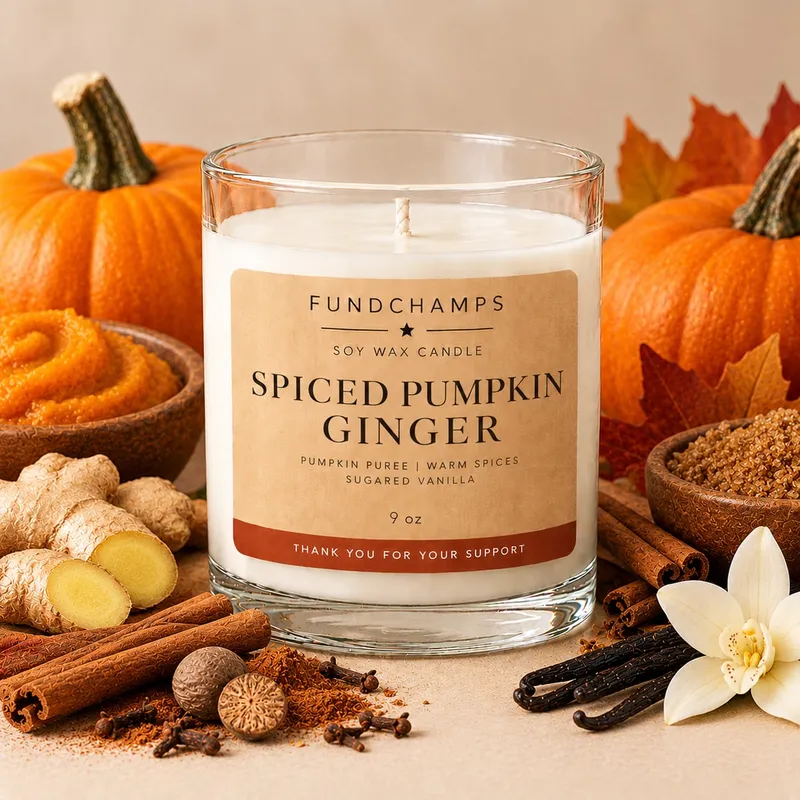 A FundChamps Spiced Pumpkin Ginger soy wax candle surrounded by pumpkins, cinnamon sticks and ginger