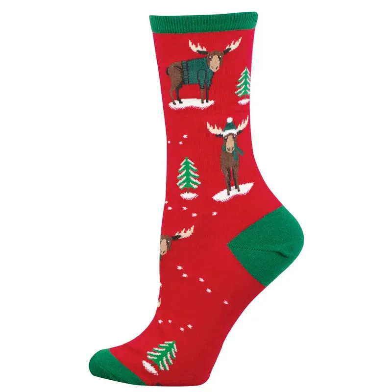 A red holiday sock with moose in sweaters and hats, pine trees and a green heel and toe