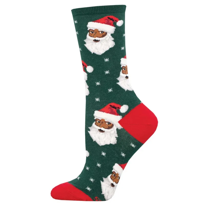 A green holiday sock with a Santa Claus pattern, snowflakes and a red heel and toe