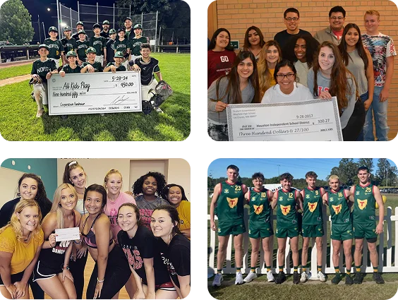 A collage of real FundChamps teams holding their fundraising checks: youth baseball, a high school group, a sorority, and a soccer team