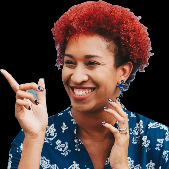 Woman with red hair pointing with her finger