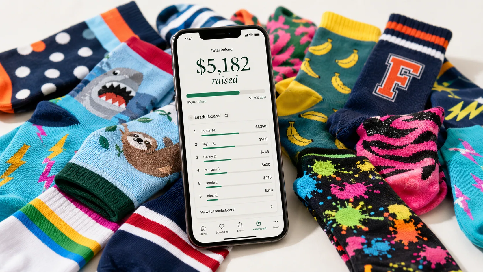 The FundChamps app showing $5,182 raised, surrounded by colorful patterned socks